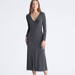 NWT Calvin Klein V-Neck Midi Dress in Gray with Sheen